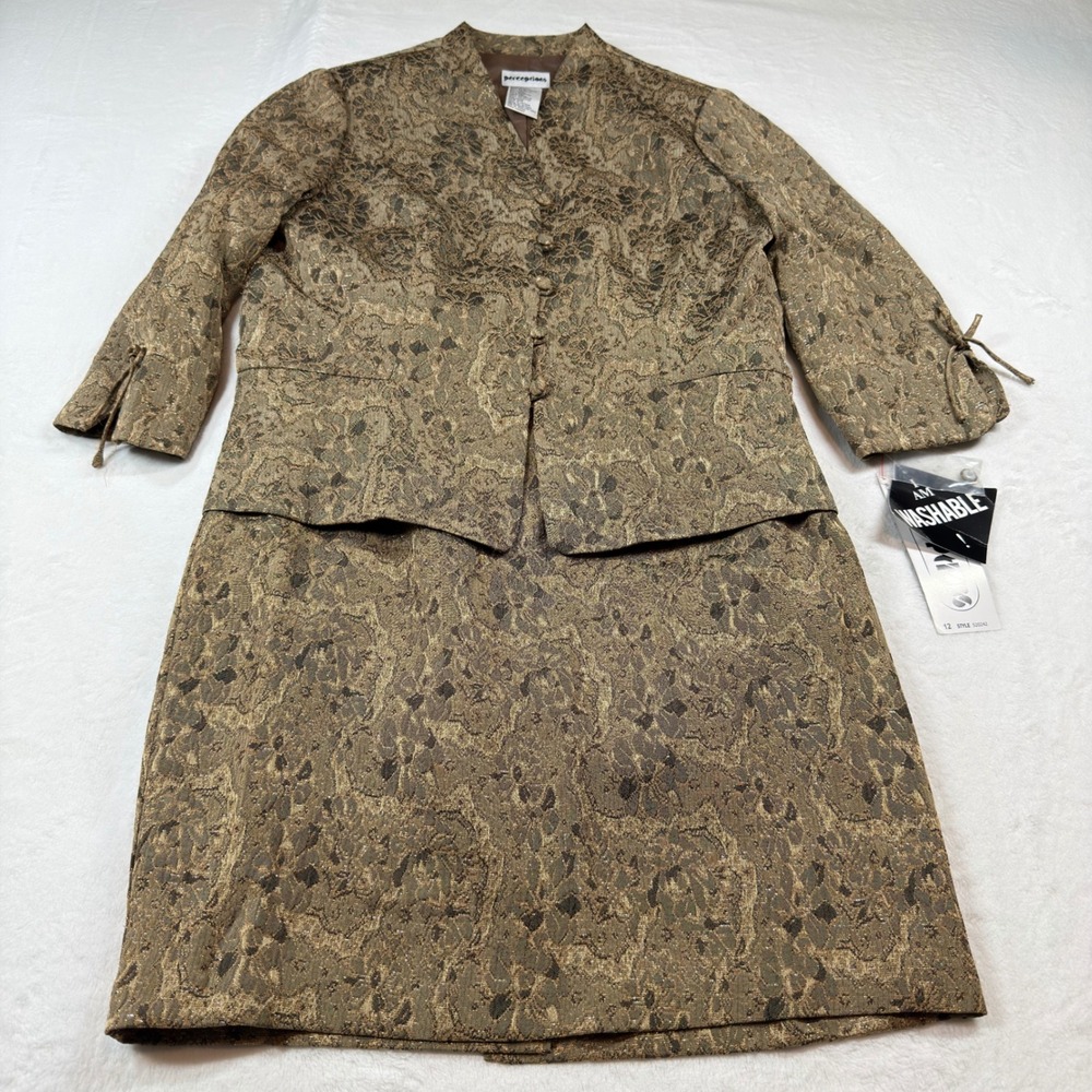 Perceptions 2 Piece Skirt Suit Women Size 12 Gold Bronze Metallic NWT Jacquard
